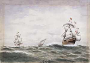 Watercolor of Columbus's ships on his first voyage. His flagship was the "Santa Maria." The Mariners' Museum 1950.0695.000001