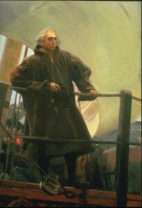 Christopher Columbus aboard the "Santa Maria" leaving Palos, Spain on his first voyage across the Atlantic Ocean. The Mariners' Museum 1933.0746.000001