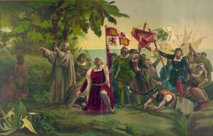 First landing of Columbus on the shores of the New World, at San Salvador on Oct. 12, 1492.