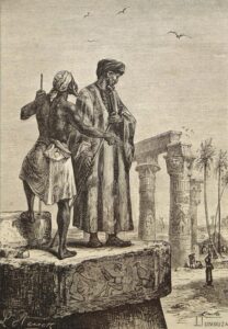 Book illustration by Léon Benett published in 1878 showing Ibn Baṭṭūṭah (right) and his guide in Egypt. Public Domain, Wikipedia