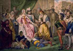 Christopher Columbus kneeling in front of Queen Isabella I.
