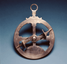 Mariner's astrolabes measure the altitude (the angle between the horizontal and a heavenly body) of the sun or the pole star, to find latitude at sea. The Mariners' Museum 1998.0039.000011.