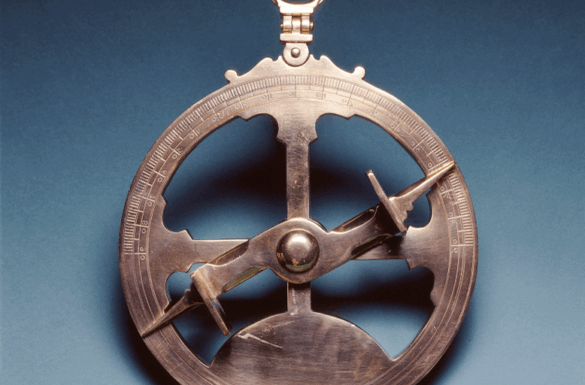 Mariner's astrolabes measure the altitude (the angle between the horizontal and a heavenly body) of the sun or the pole star, to find latitude at sea. The Mariners' Museum 1998.0039.000011.