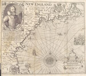 Compass rose is featured on this map, along with portrait of John Smith. The Mariners' Museum F229 .S65 Rare