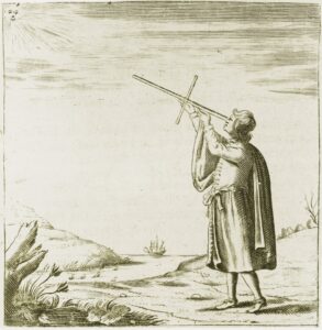 Book engraving showing how a cross-staff was used. The Mariners' Museum QB41 .M9 Rare