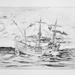 Engraving showing starboard view of an unidentified caravel flying a Dutch flag. The Mariners' Museum 1990.0008.000003