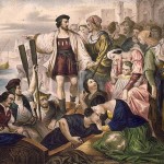 Christopher Columbus and his crew leaving the port of Palos, Spain, for the New World; crowd of well wishers looks on.